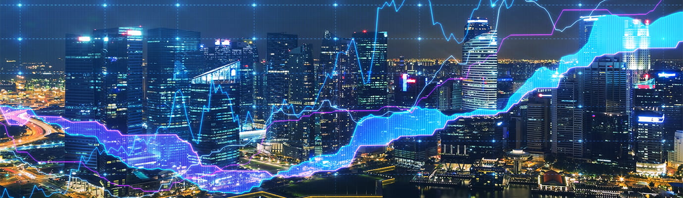 digital graphic overlay on a blue highrise buildings background