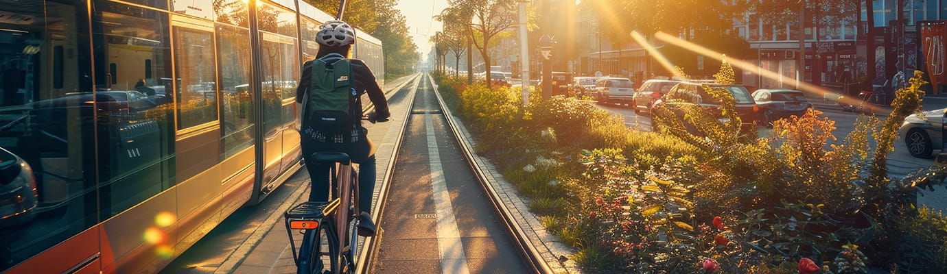 a bicyclist riding next to a train