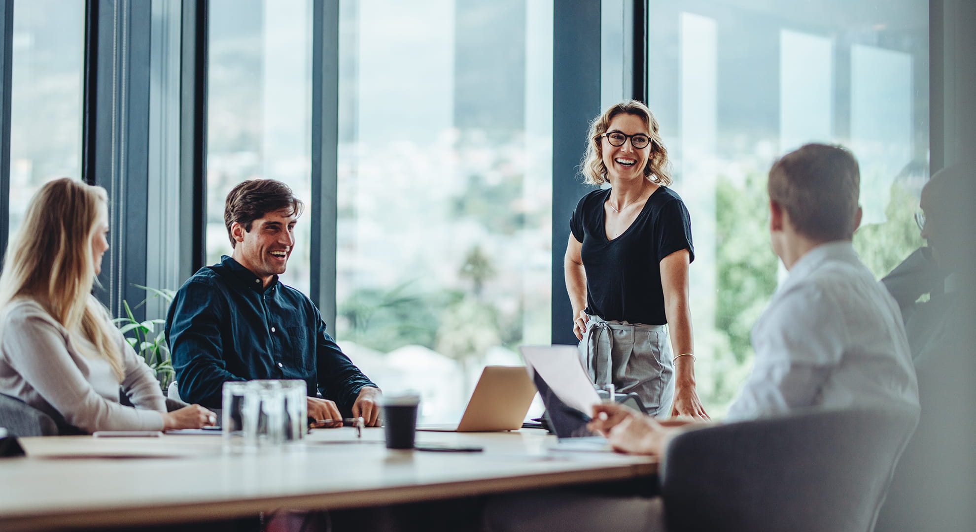 a team talking at a table