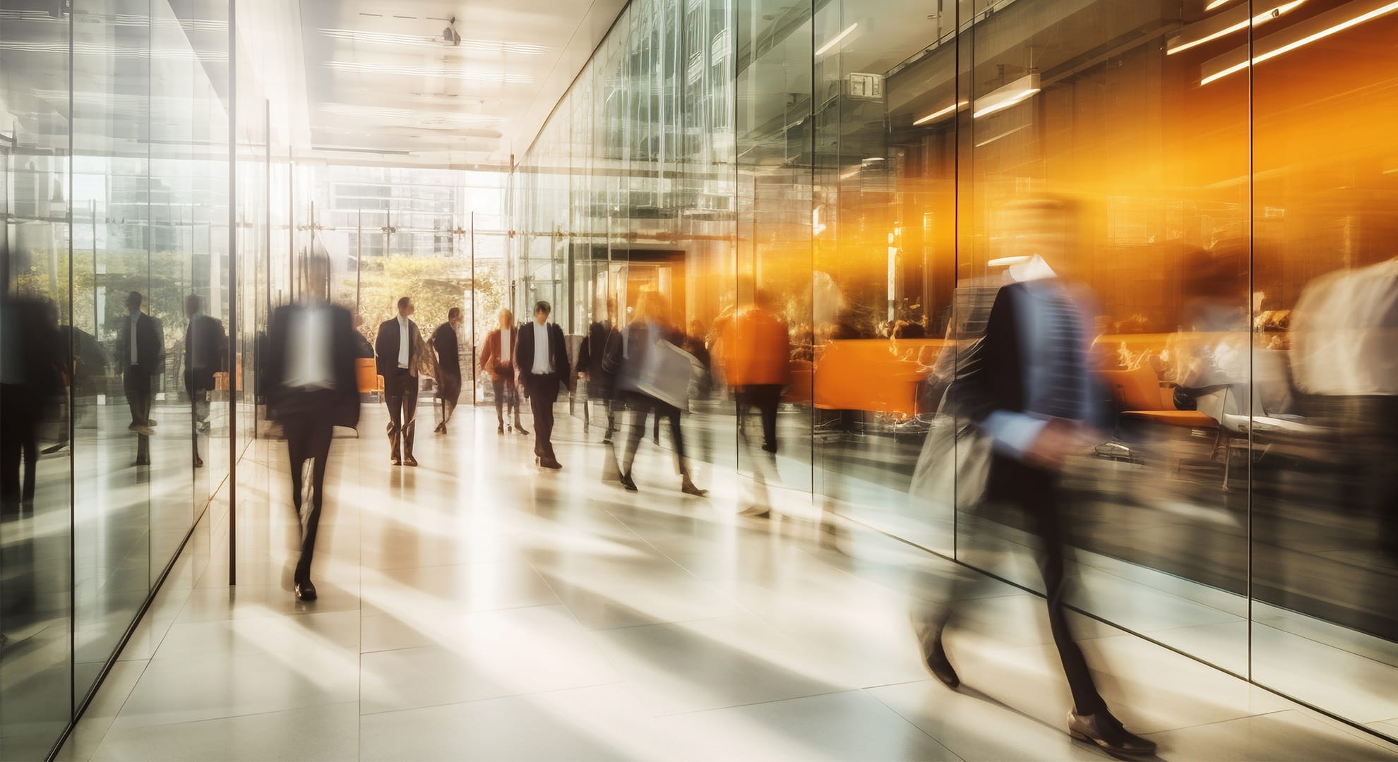 people walking through a glass office building