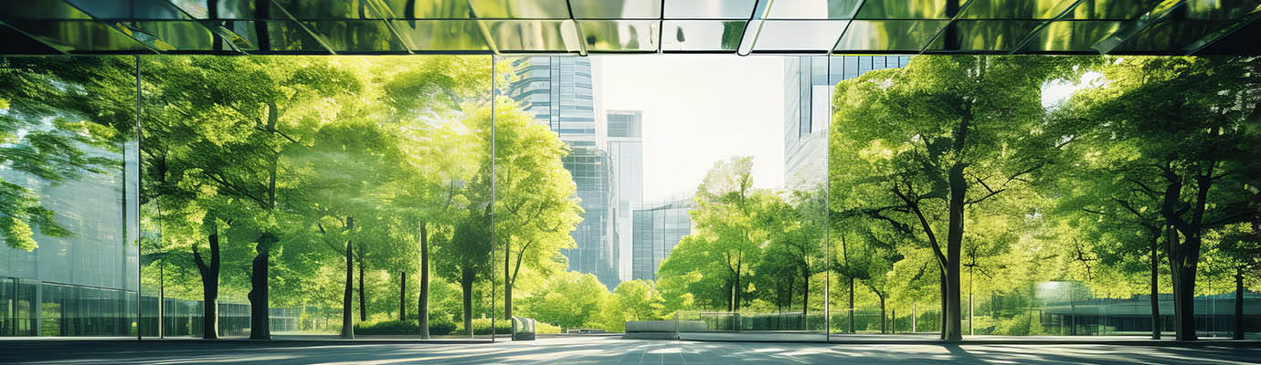 a reflective building courtyard