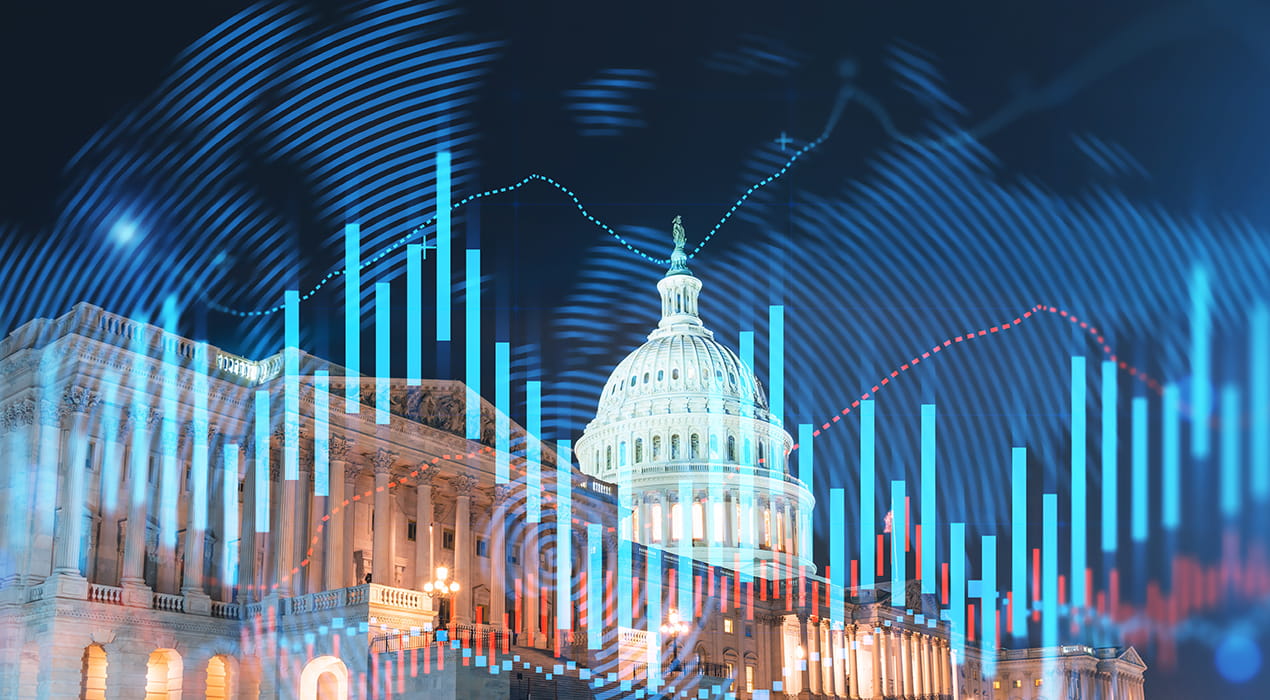 government building with a digital overlay on blue background