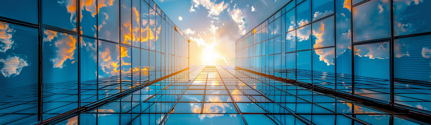 upward shot of a reflective building